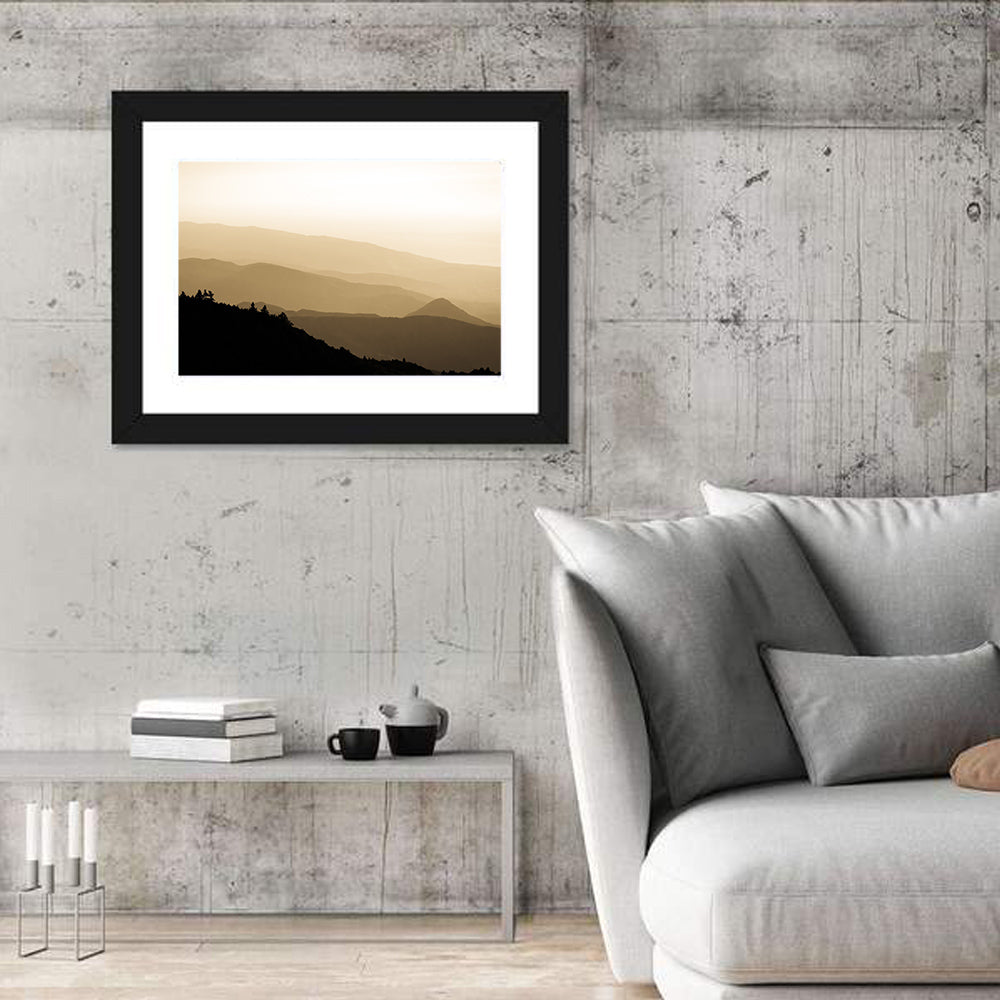Foggy Mountain Sunset with Evergreen Silhouettes Wall Art