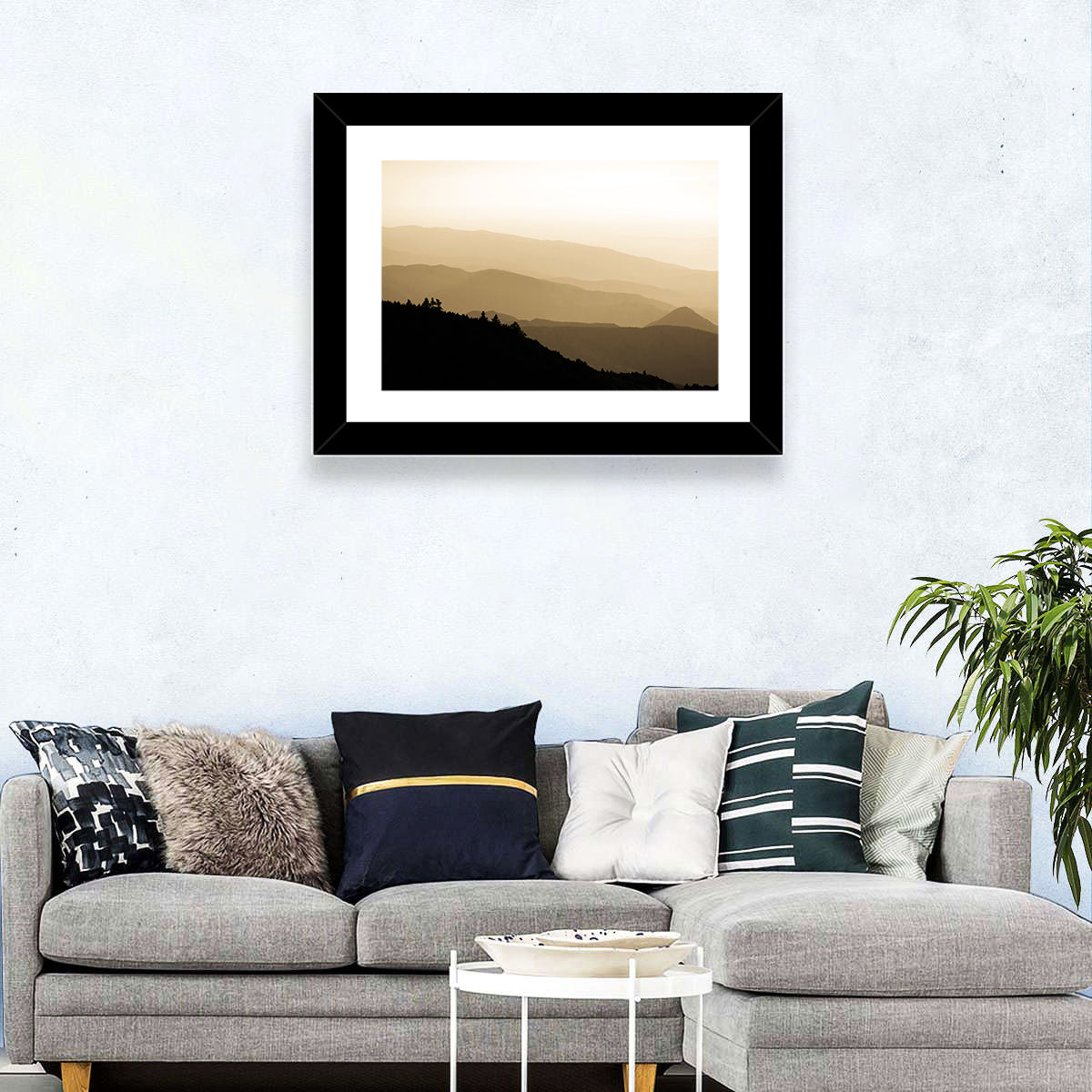 Foggy Mountain Sunset with Evergreen Silhouettes Wall Art in a room, landscape