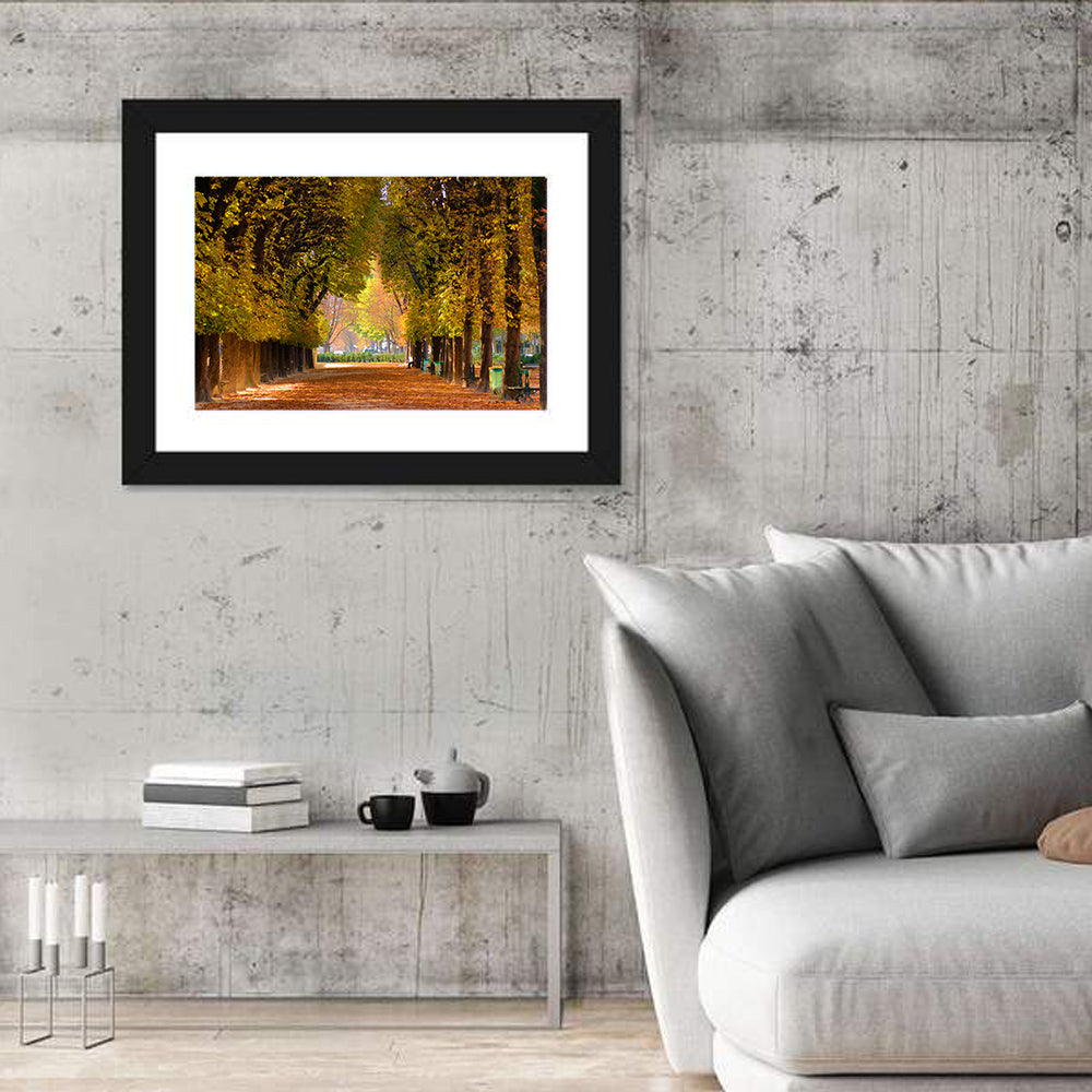 Golden Hour Autumn Path Wall Art in a room, landscape