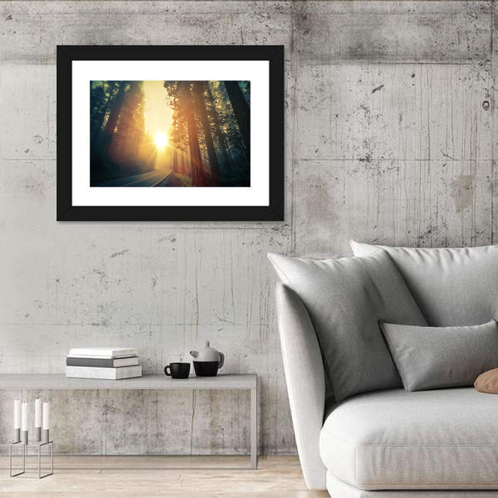 Misty Redwood Road with Golden Sunburst Wall Art in a room, landscape