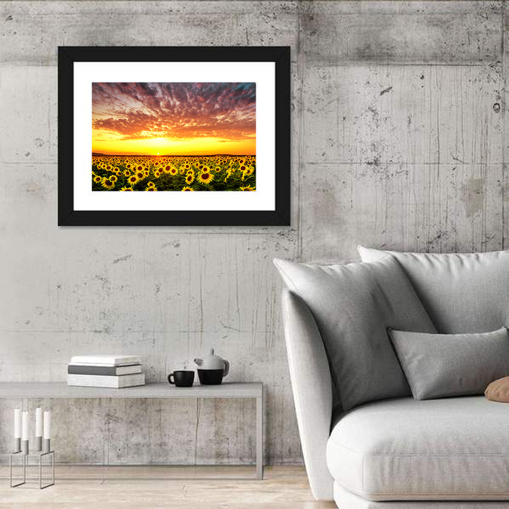 Golden Hour Sunflower Field Wall Art in a room, landscape