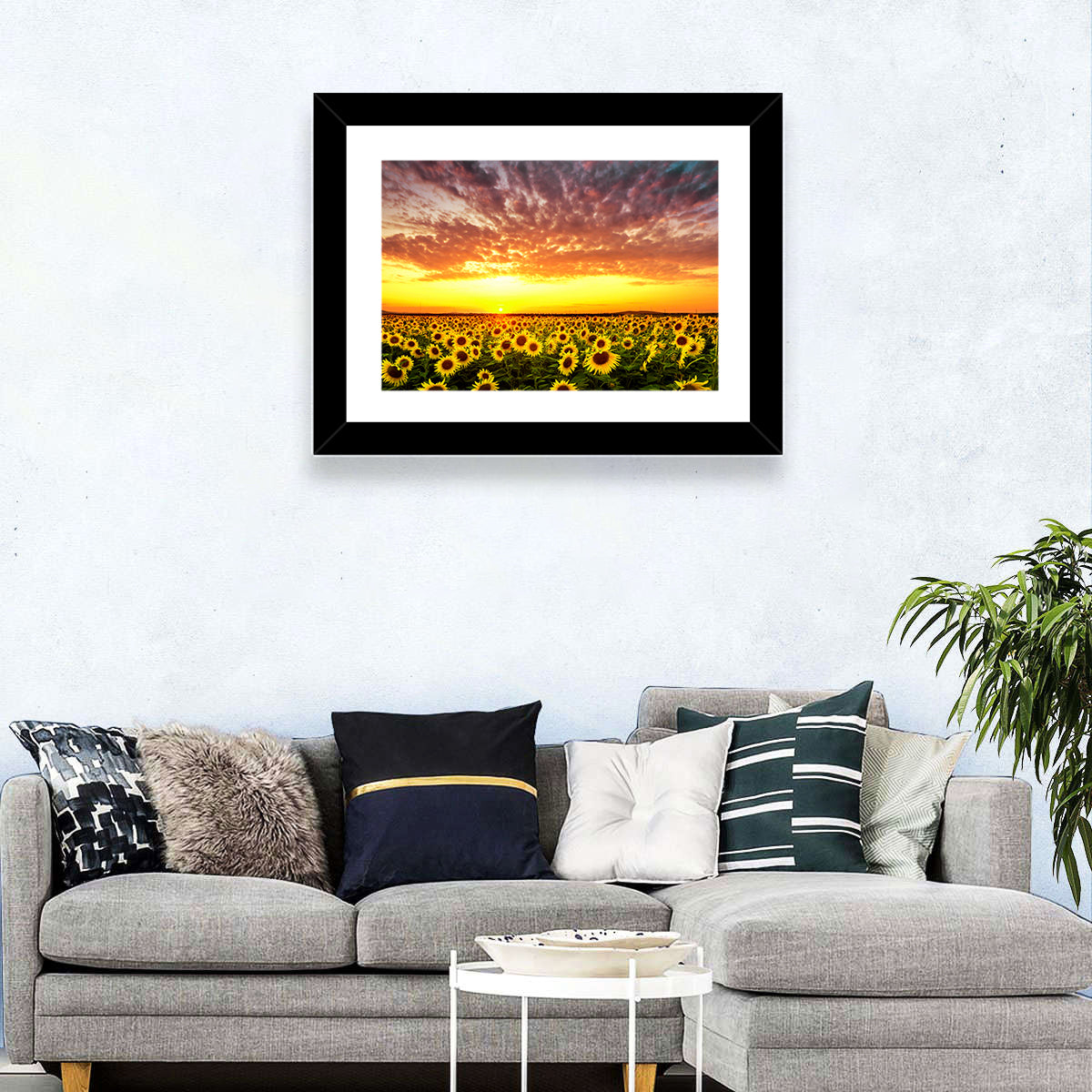 Golden Hour Sunflower Field Wall Art in a room, landscape