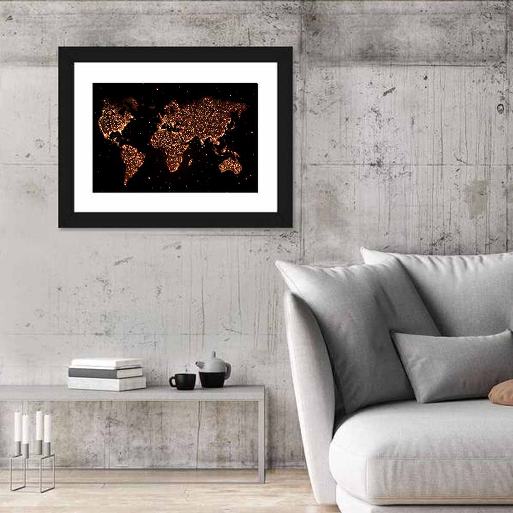 World Map Night Lights Wall Art in a room, landscape