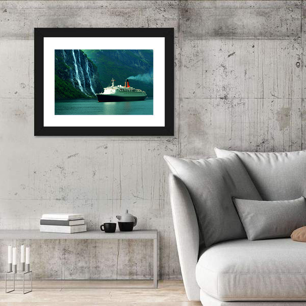 Cruise Ship at Geiranger Fjord Wall Art in a room, landscape
