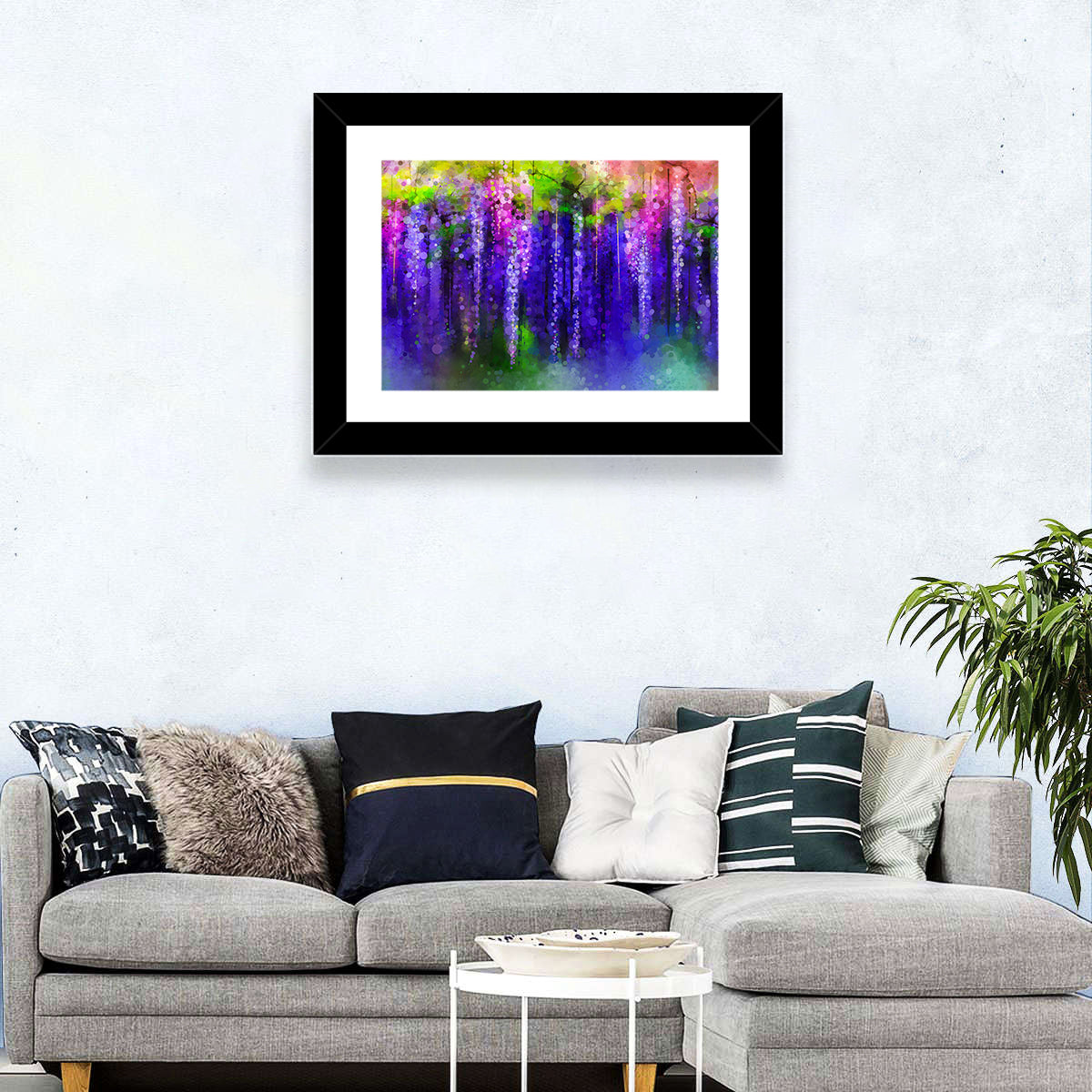 Dreamy Wisteria Vines Wall Art in a room, landscape