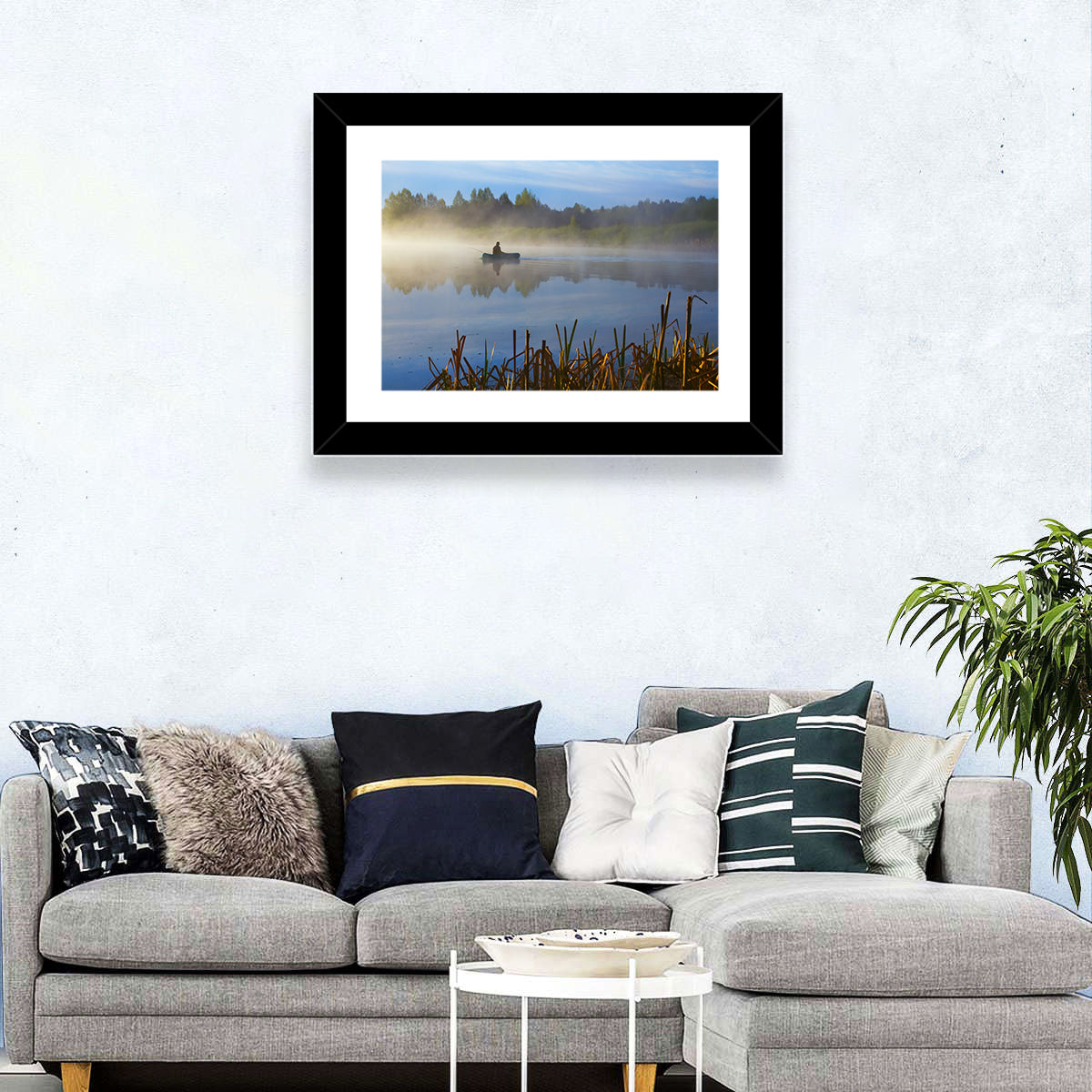 Misty Lake Fisherman Wall Art in a room, landscape