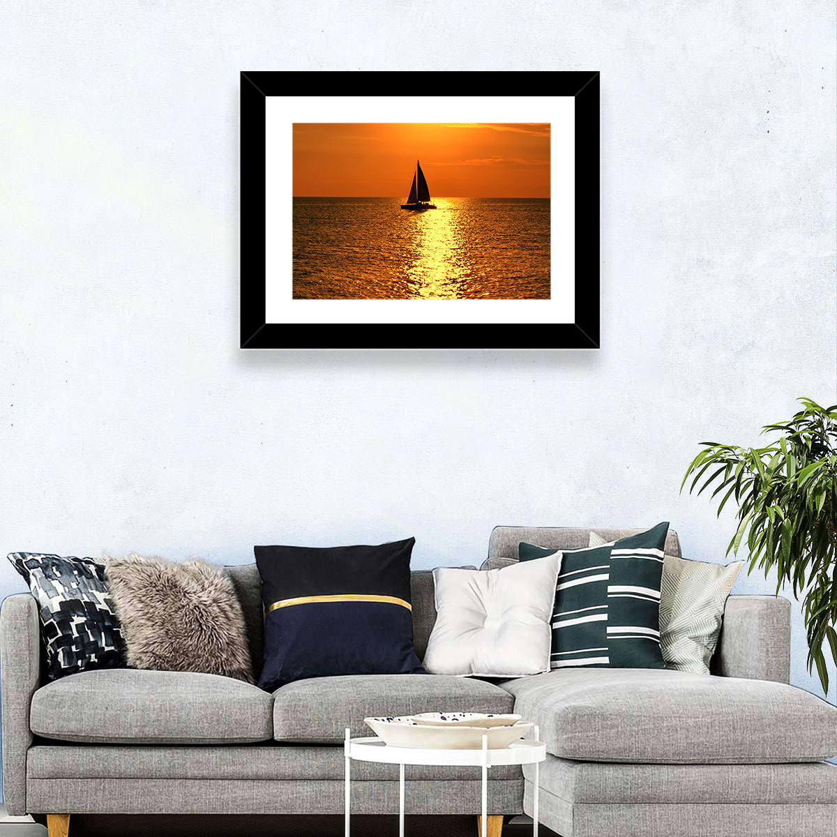 Sailboat Silhouette at Golden Sunset Wall Art