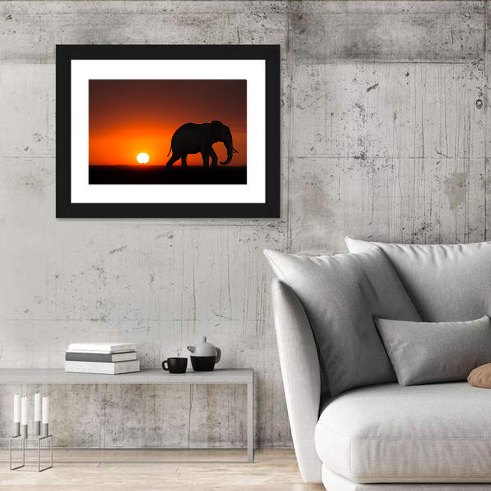 Sunset Elephant Silhouette Wall Art in a room, landscape