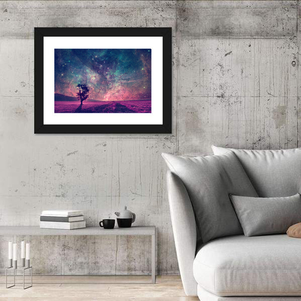 Lone Tree Under Nebula Sky Wall Art in a room, landscape