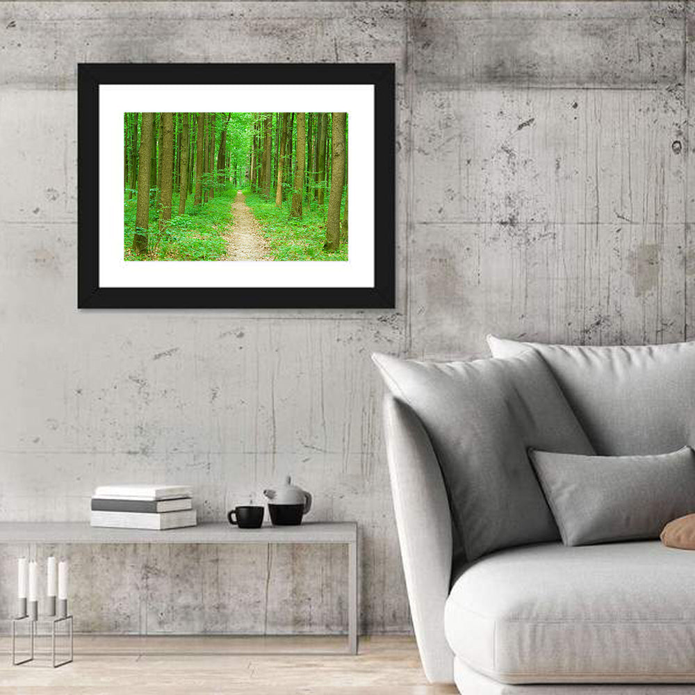 Green Forest Pathway Wall Art in a room, landscape