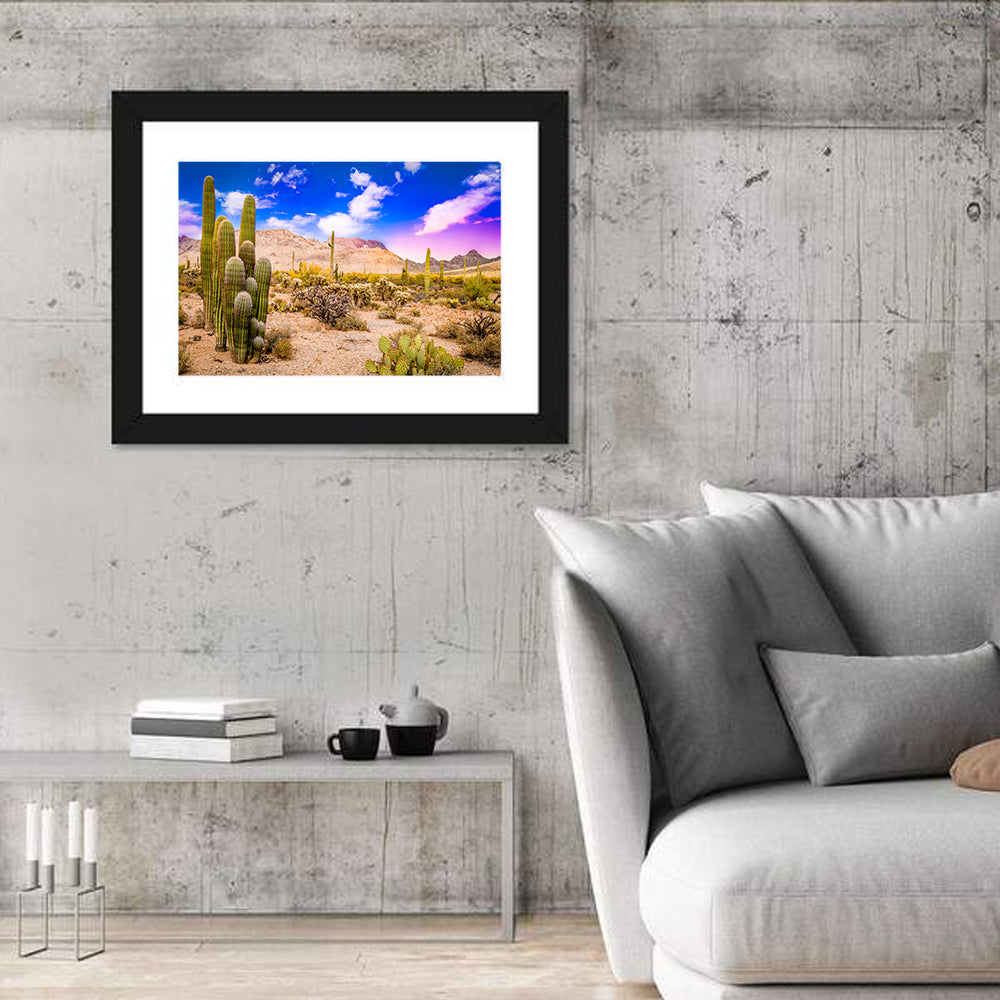 Arizona Saguaro Sunset Wall Art in a room, landscape
