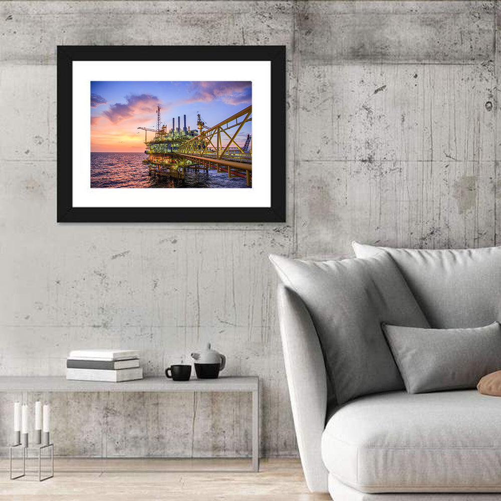 Golden Hour Offshore Oil Rig Wall Art in a room, landscape