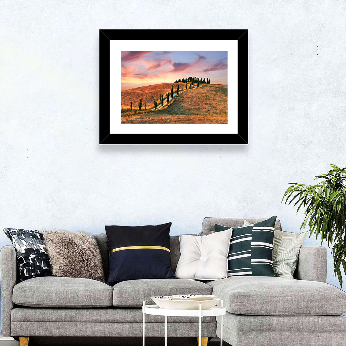 Tuscan Hilltop Road at Dusk Wall Art in a room, landscape