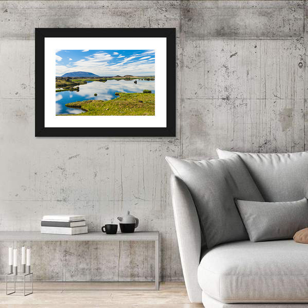 Lake Myvatn Reflection Wall Art in a room, landscape