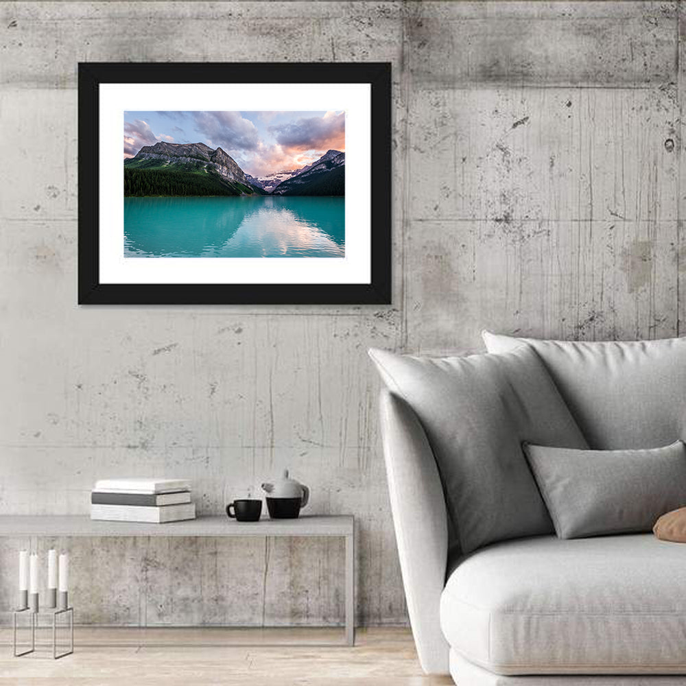 Turquoise Sunset at Lake Louise Wall Art in a room, landscape