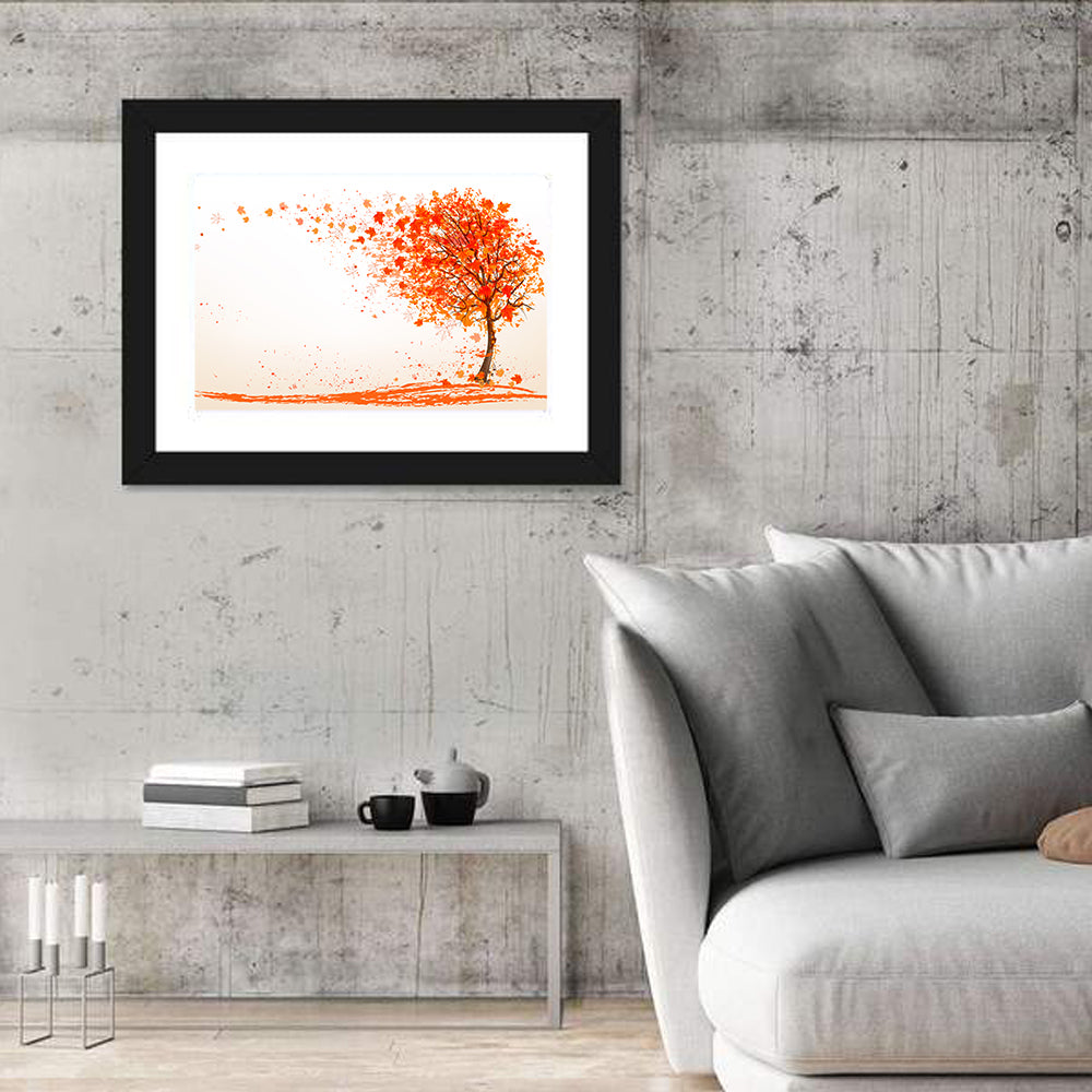 Autumn Tree with Falling Leaves Wall Art in a room, landscape