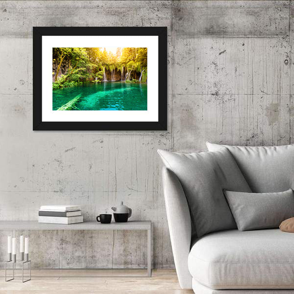 Plitvice Lake Waterfall Wall Art in a room, landscape