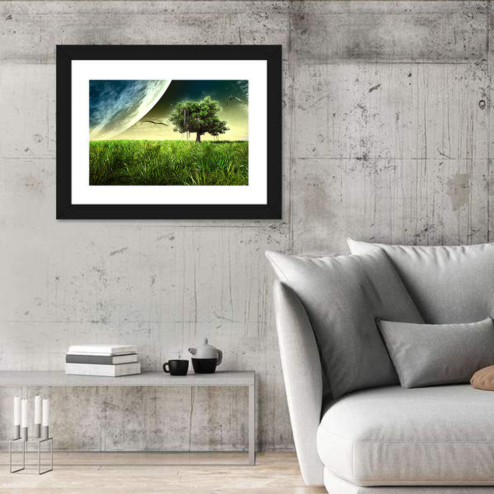 Alien Meadow Under a Giant Planet Wall Art in a room, landscape