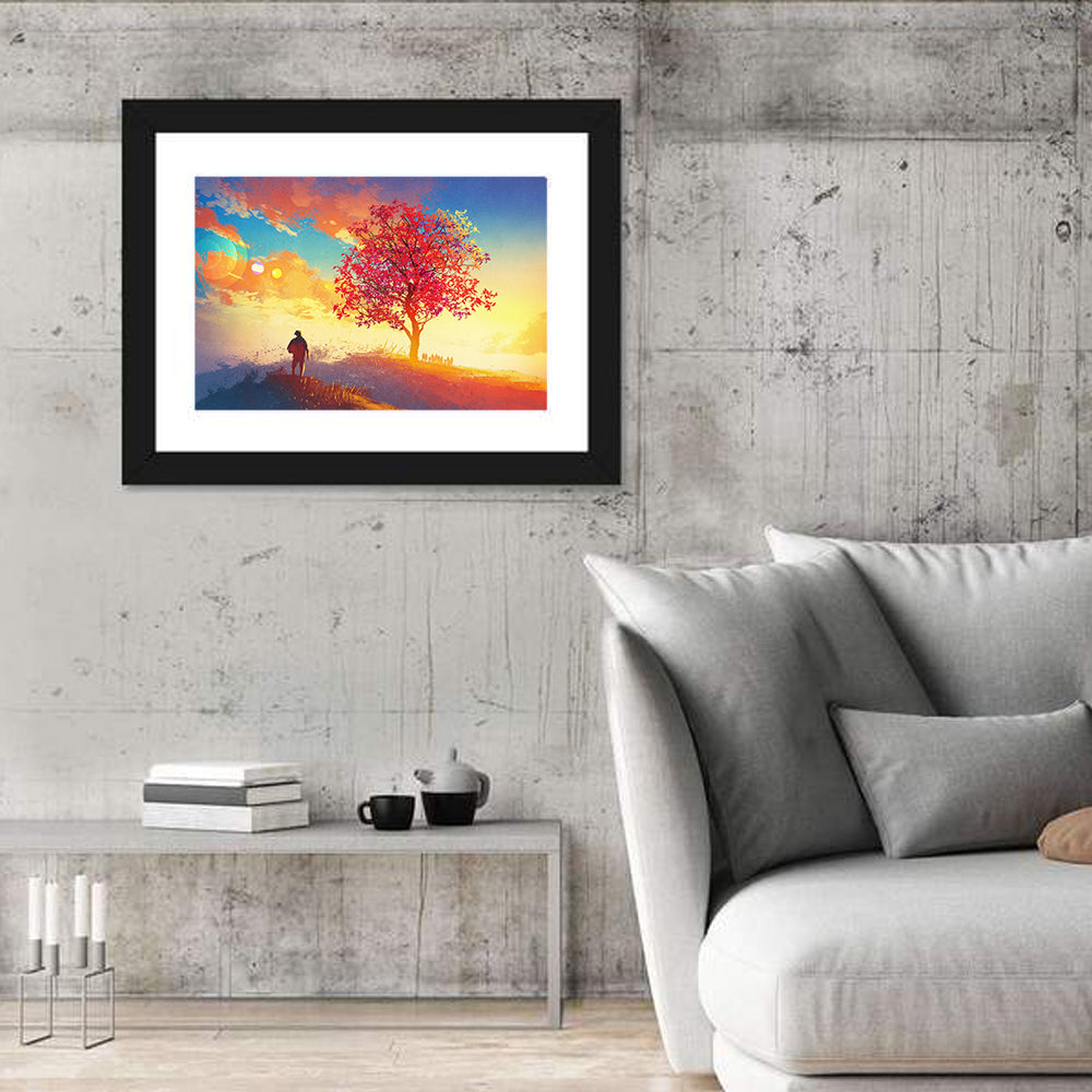 Autumn Tree with Silhouettes Wall Art in a room, landscape