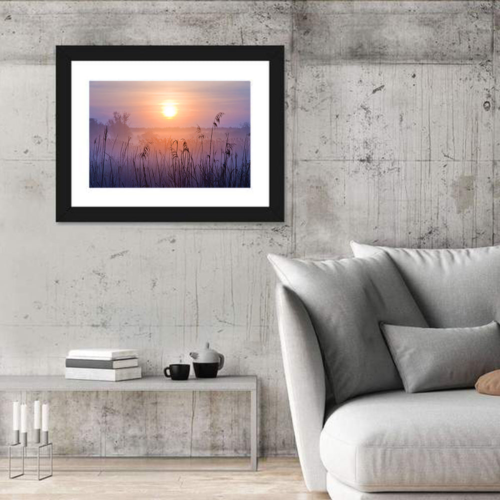 Lavender Sunrise Over Reeds Wall Art in a room, landscape