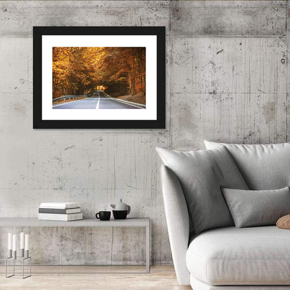 Autumn Forest Road with Canopy Wall Art in a room, landscape