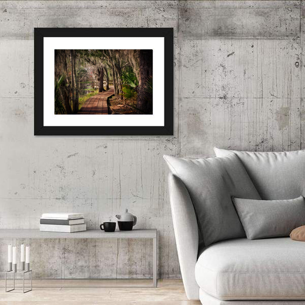 Louisiana Swamp Boardwalk Wall Art in a room, landscape
