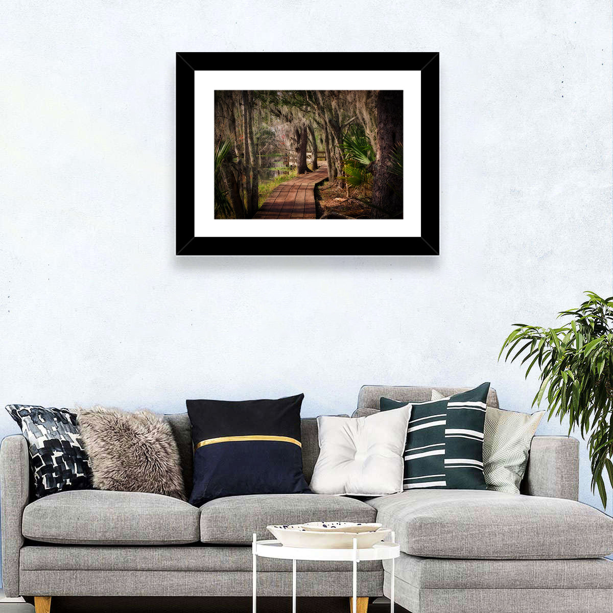 Louisiana Swamp Boardwalk Wall Art in a room, landscape