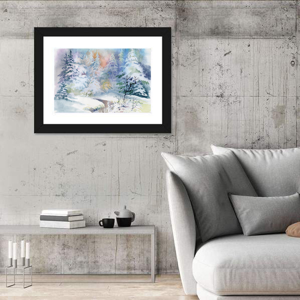 Winding Winter Stream Watercolor Wall Art in a room, landscape