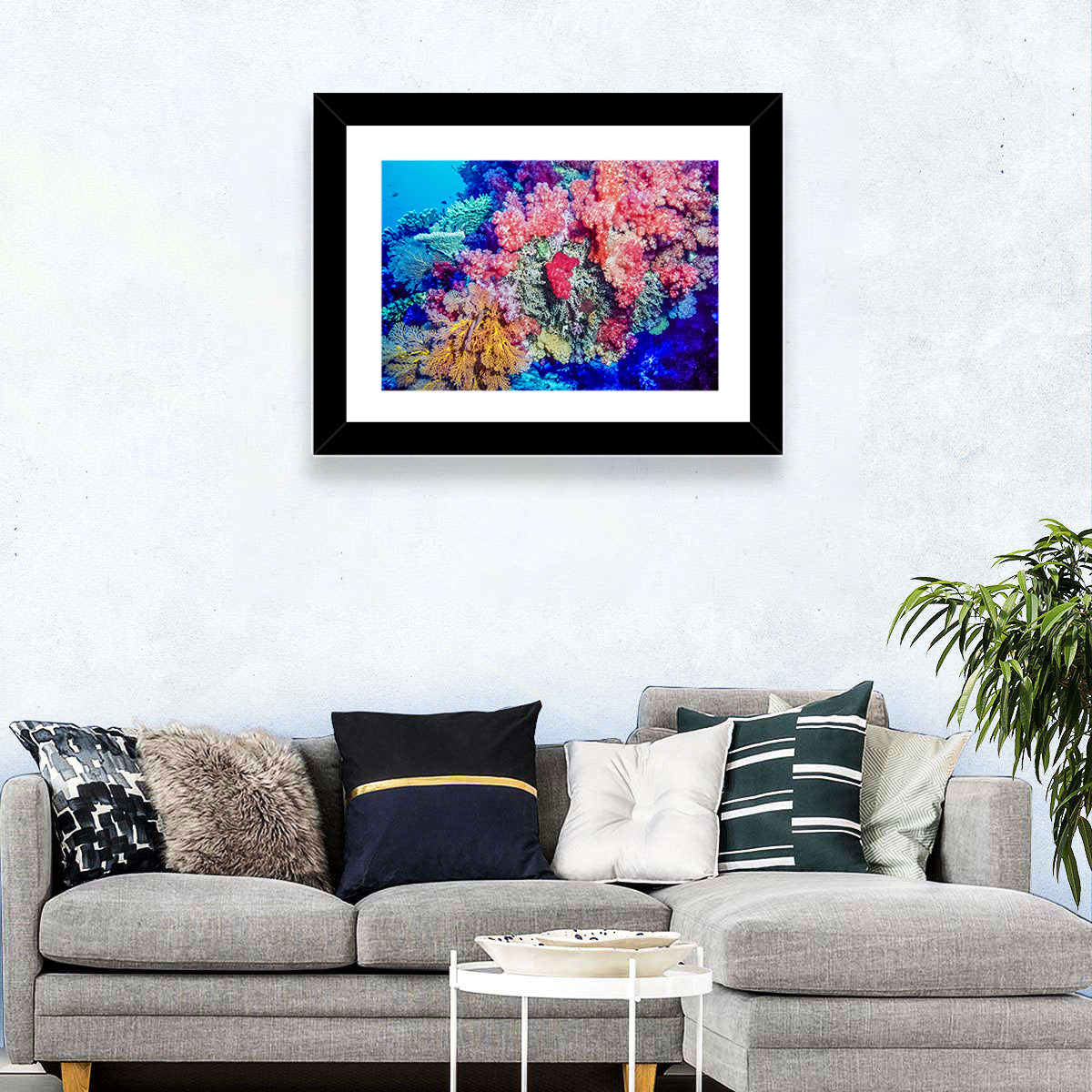 Vibrant Coral Reef Wall Art in a room, landscape