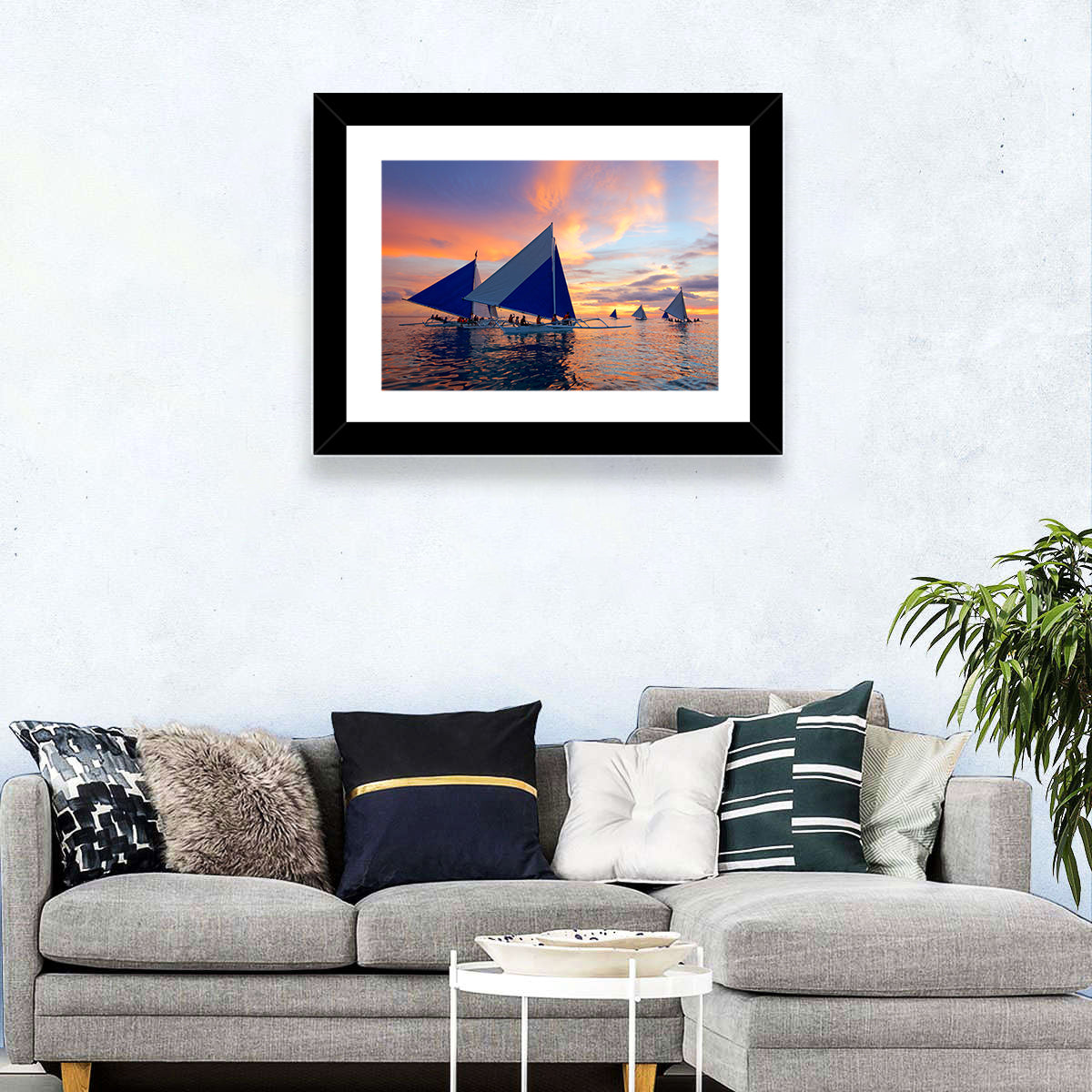 Outrigger Sailboats at Sunset Wall Art