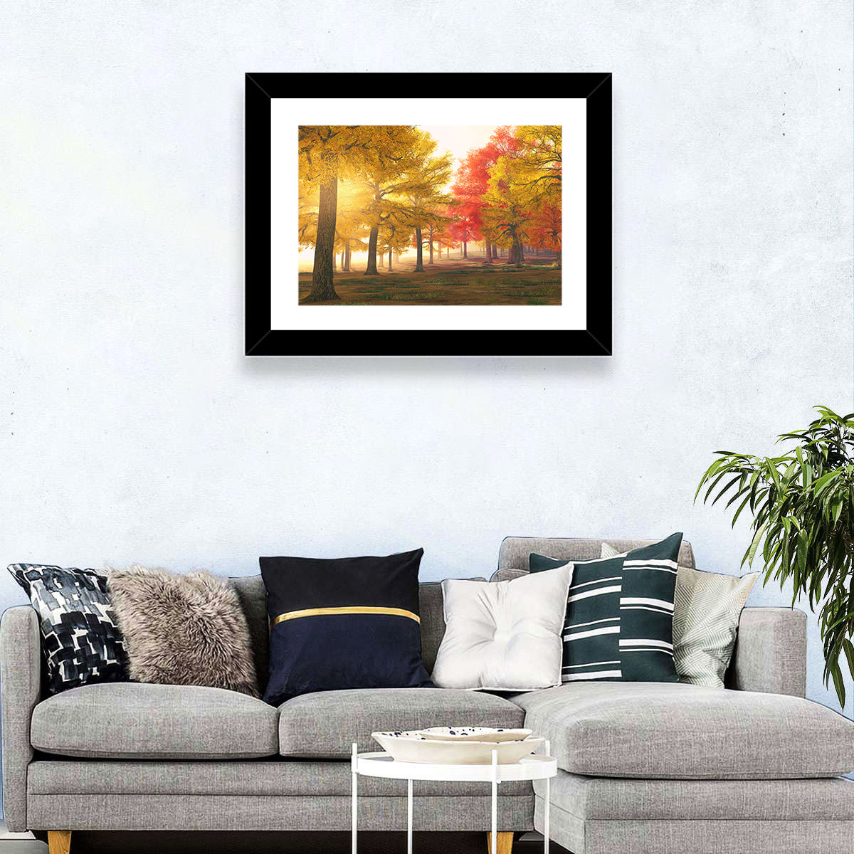 Foggy Autumn Forest Wall Art in a room, landscape