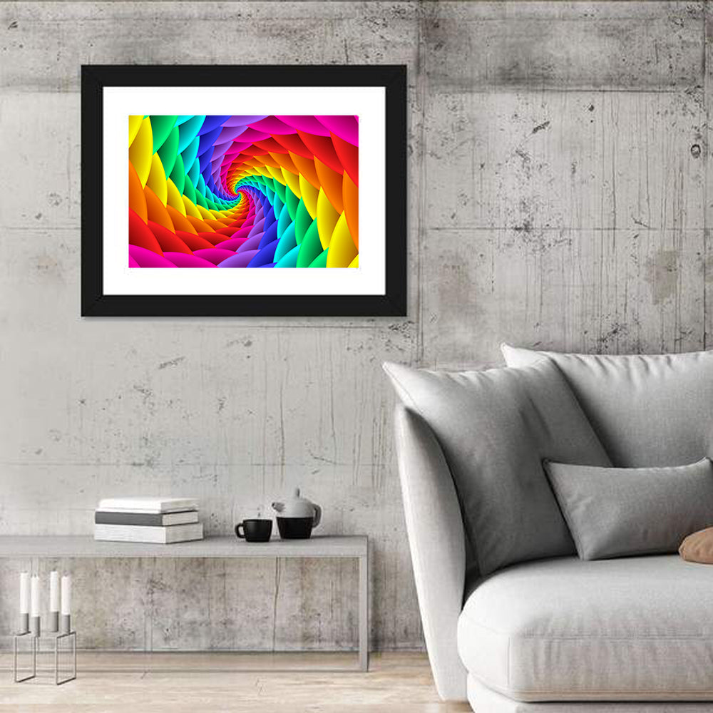 Rainbow Spiral Vortex Tunnel Wall Art in a room, landscape