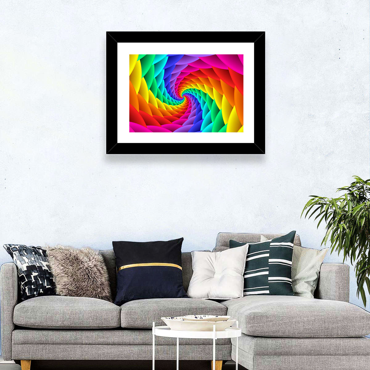 Rainbow Spiral Vortex Tunnel Wall Art in a room, landscape