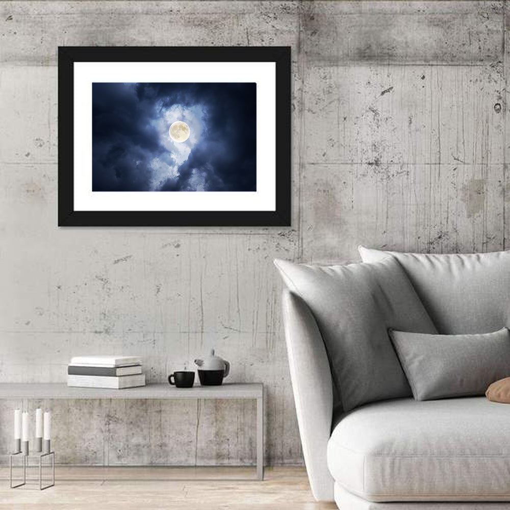 Supermoon Through Storm Clouds Wall Art in a room, landscape
