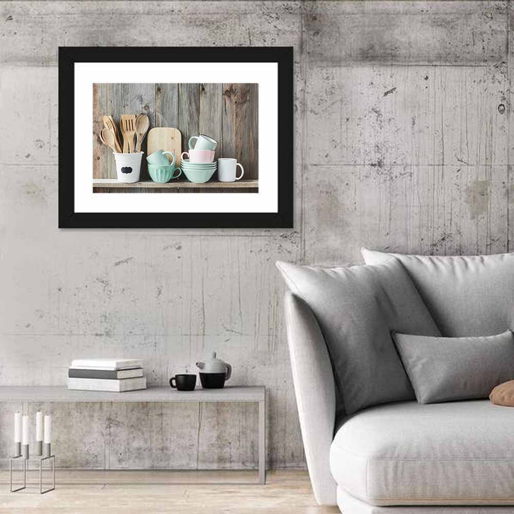 Rustic Shelf with Utensils and Pastel Bowls Wall Art