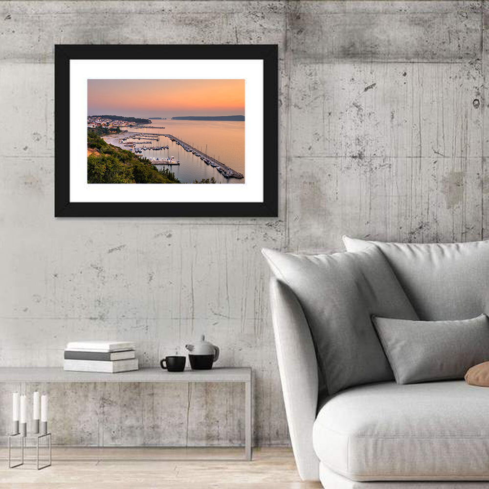 Pylos Harbor Lighthouse Sunset Wall Art in a room, landscape