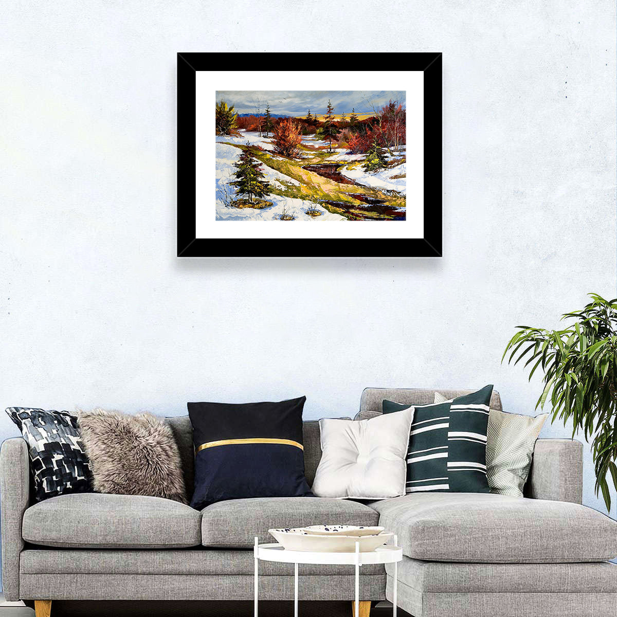 Snowy Stream Through Evergreens Wall Art in a room, landscape