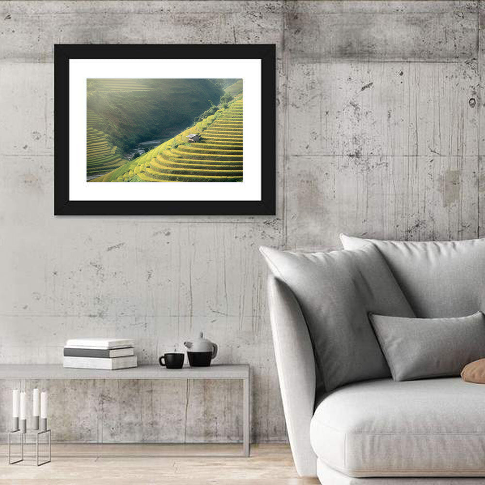 Golden Rice Terraces Wall Art in a room, landscape