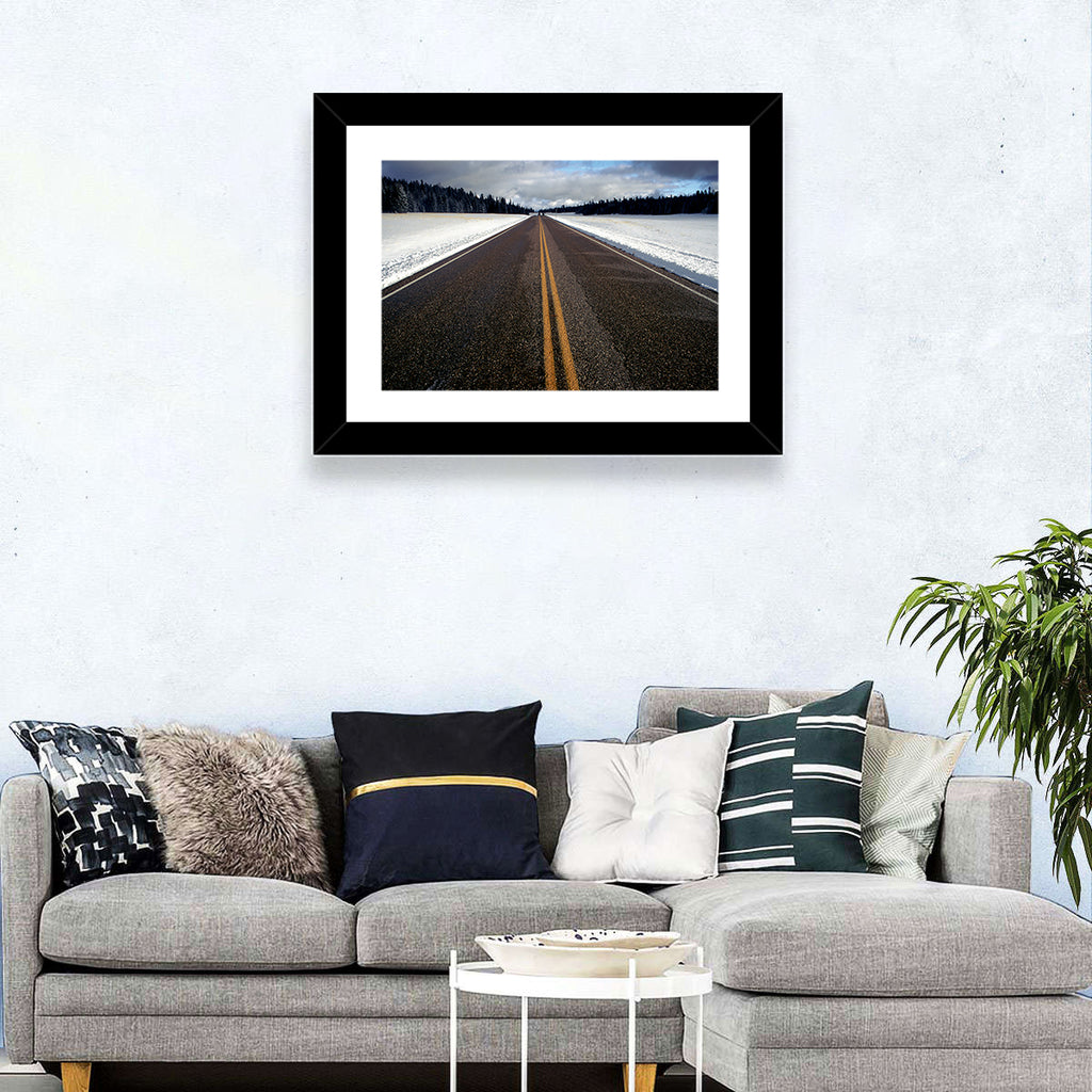 Winter Road Through Pine Forest Wall Art