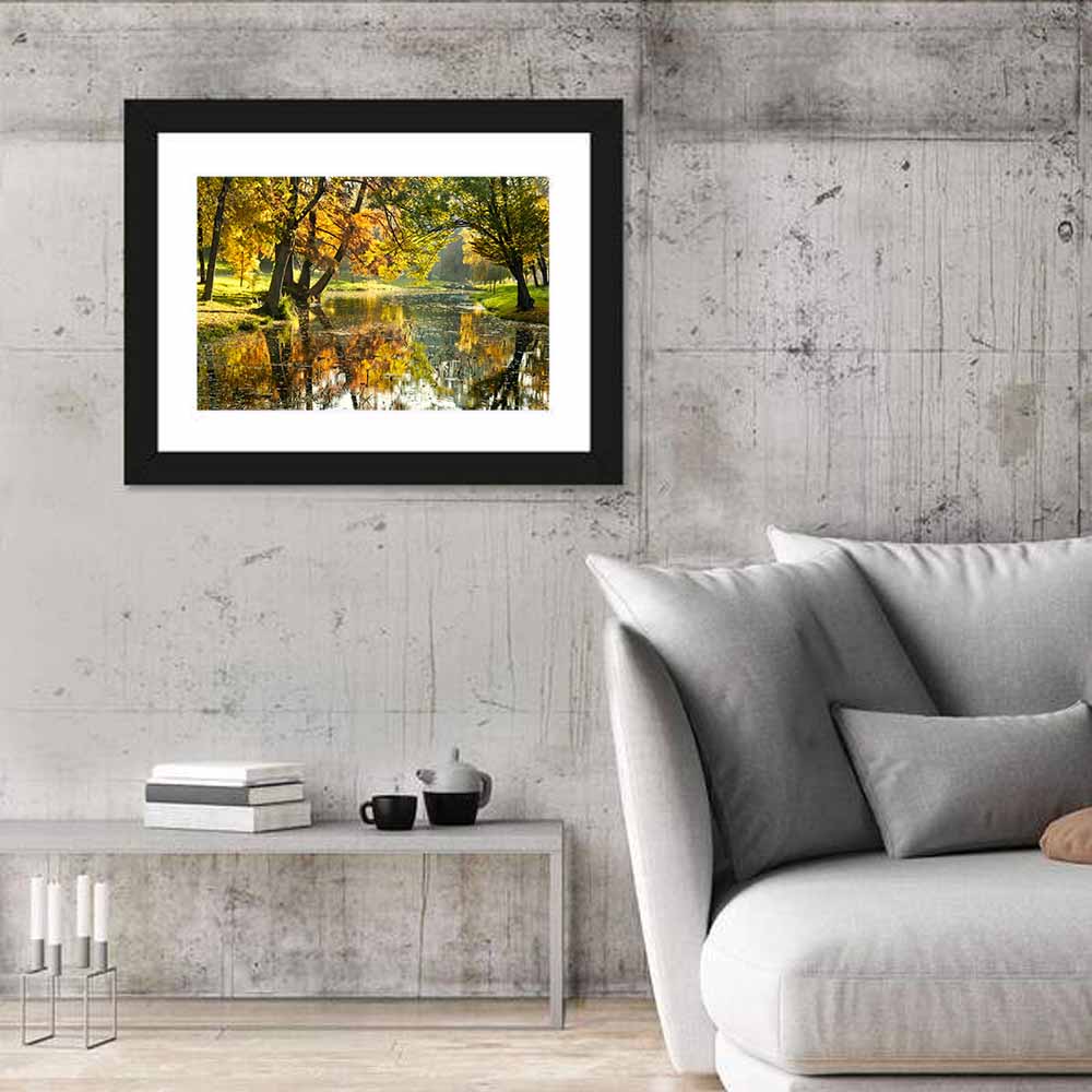 Autumn Canal Landscape Wall Art in a room, landscape
