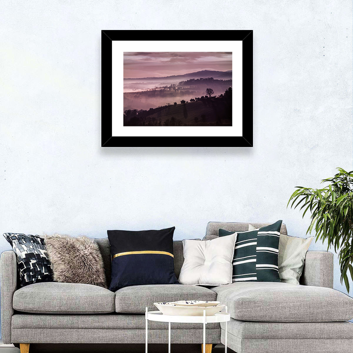 Misty Lavender Hills Wall Art in a room, landscape