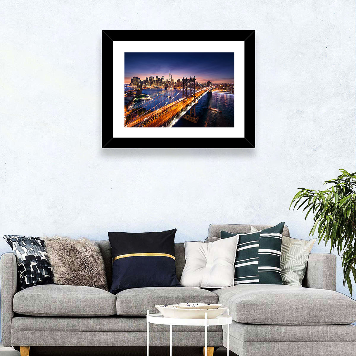 Sunset Over Manhattan Bridges Wall Art in a room, landscape