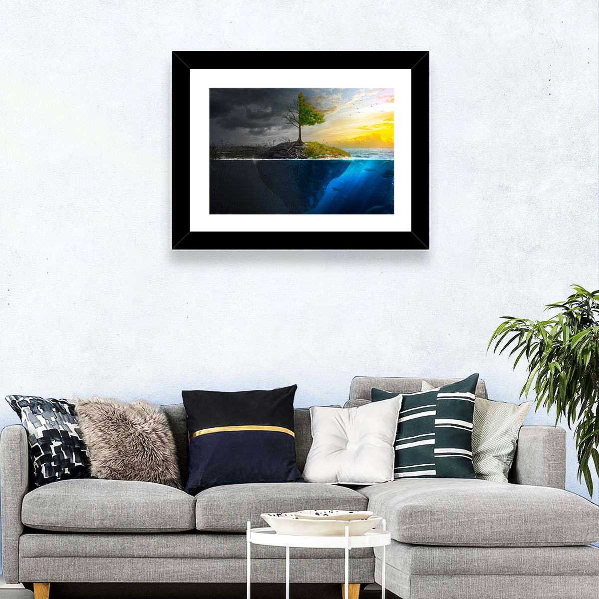 Split Island Tree of Duality Wall Art in a room, landscape