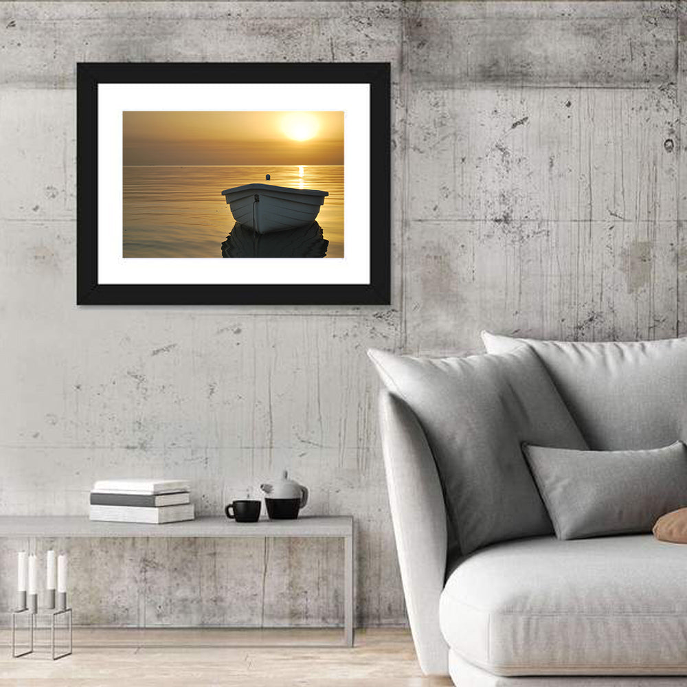 White Rowboat on Golden Sea Wall Art in a room, landscape