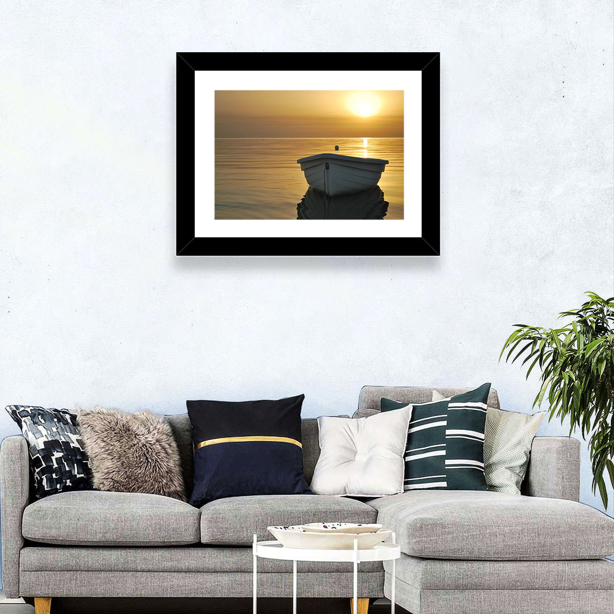 White Rowboat on Golden Sea Wall Art in a room, landscape