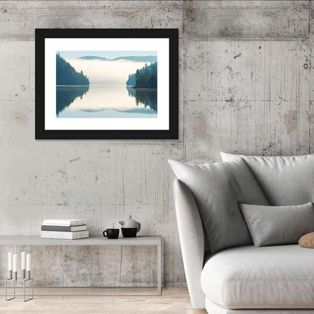 Foggy Lake Morning Wall Art in a room, landscape