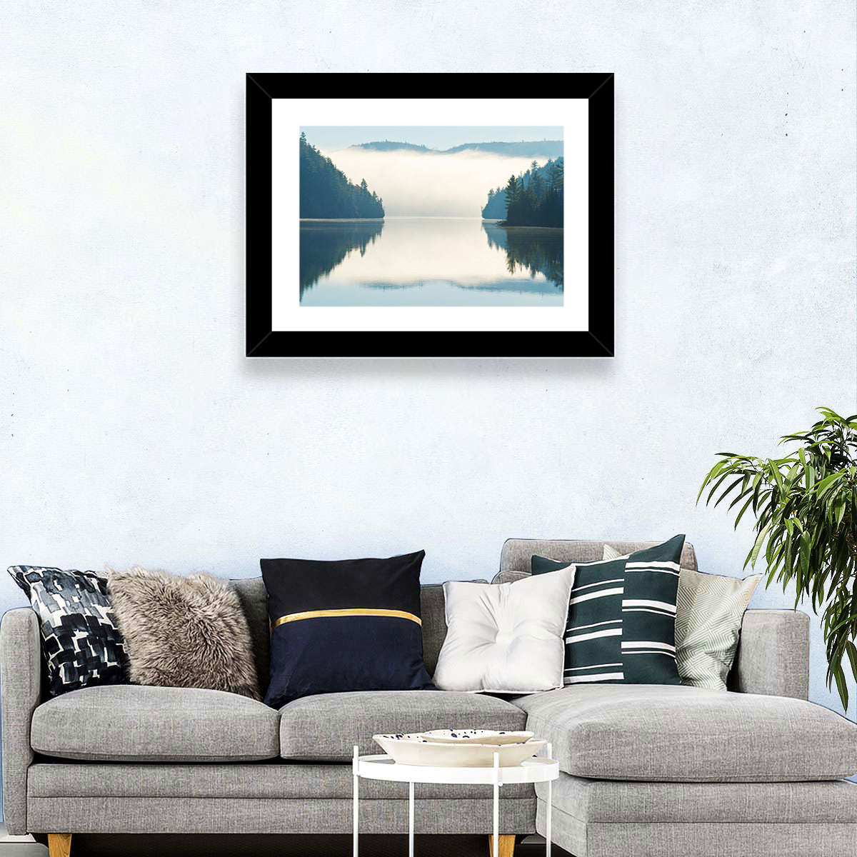 Foggy Lake Morning Wall Art in a room, landscape