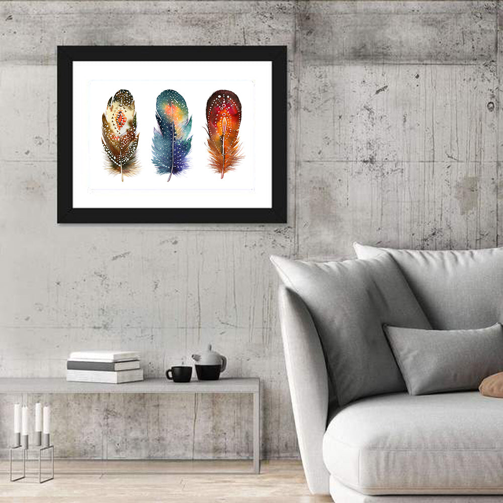 Boho Watercolor Feather Trio Wall Art in a room, landscape