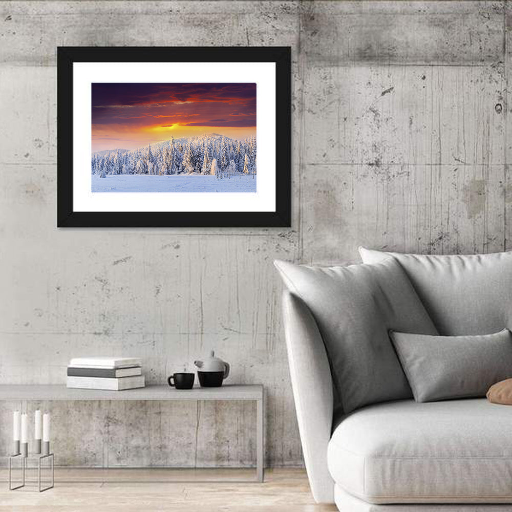 Snowy Forest Sunset Wall Art in a room, landscape