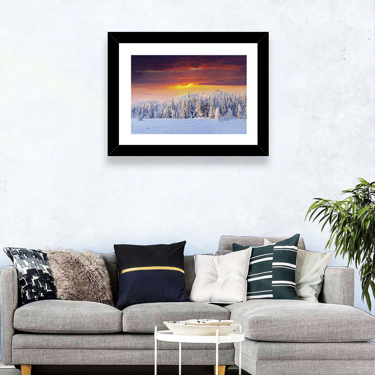 Snowy Forest Sunset Wall Art in a room, landscape